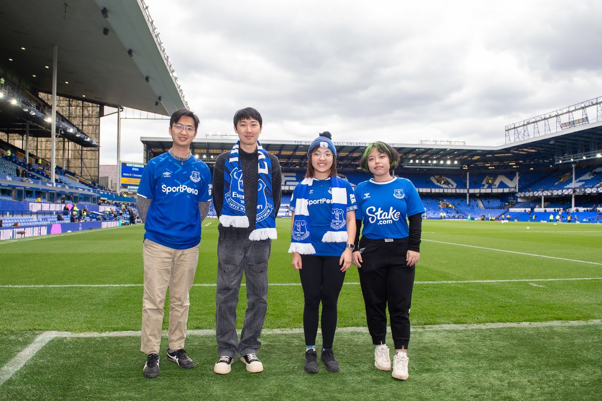 Everton fans who use the club's Chinese social media platforms during their invite to Goodison Park in 2023 (left to right): Guanzhou Jiang; Zige Zheng; Ziling Liang and Yingxue (Samantha) Guo