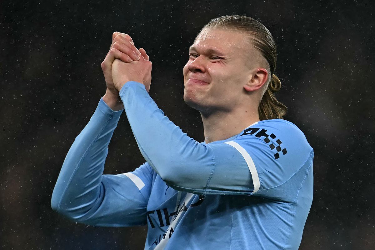 Manchester City's Norwegian striker #09 Erling Haaland reacts after a missed opportunity during the English Premier League football match between Manchester City and Fulham at the Etihad Stadium in Manchester, north west England, on February 11, 2026. 