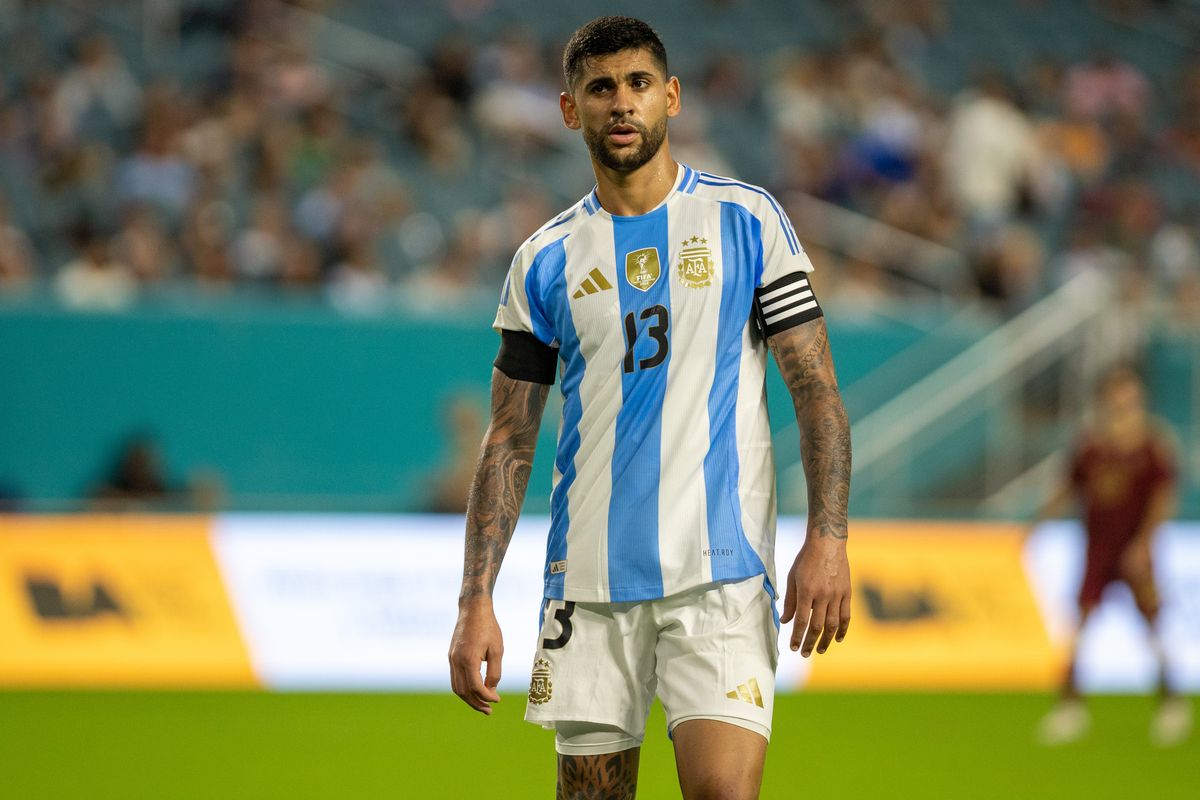 Cristian Romero #13 of Argentina looks towards the crowd during the second half of a match between Argentina and Venezuela at Hard Rock Stadium on October 10, 2025 in Miami Gardens, Florida