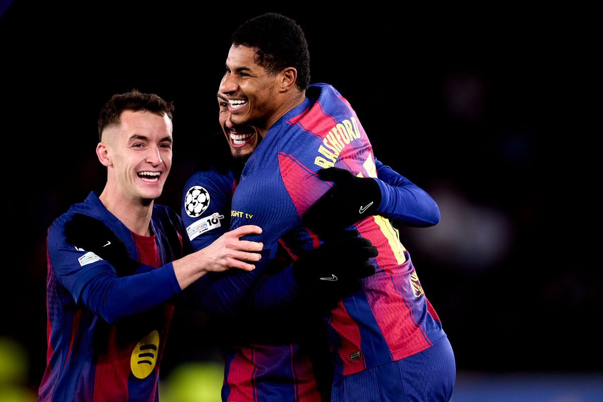Marcus Rashford of FC Barcelona celebrates after scoring the fourth goal of his team with his teammate Marc Casado of FC Barcelona during the UEFA Champions League 2025/26 League Phase MD8 match between FC Barcelona and F.C. Copenhagen at Spotify Camp Nou