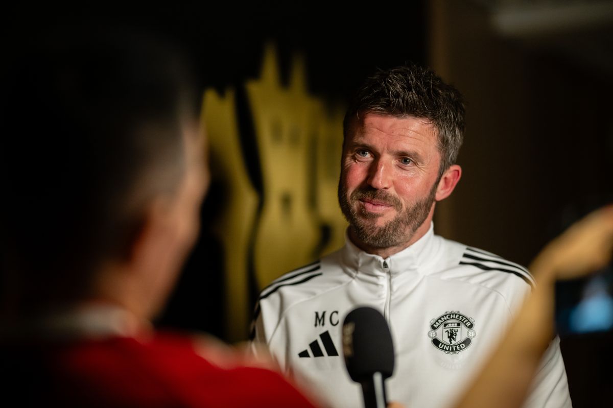 Head Coach Michael Carrick of Manchester United speaks during an interview at Carrington Training Ground 