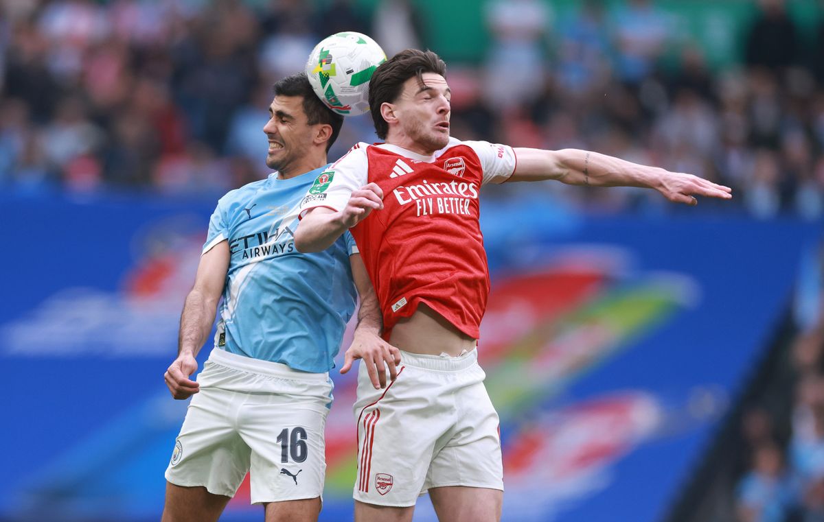 Rodri of Manchester City and Declan Rice of Arsenal  during the Carabao Cup Final match between Arsenal and Manchester City at Wembley