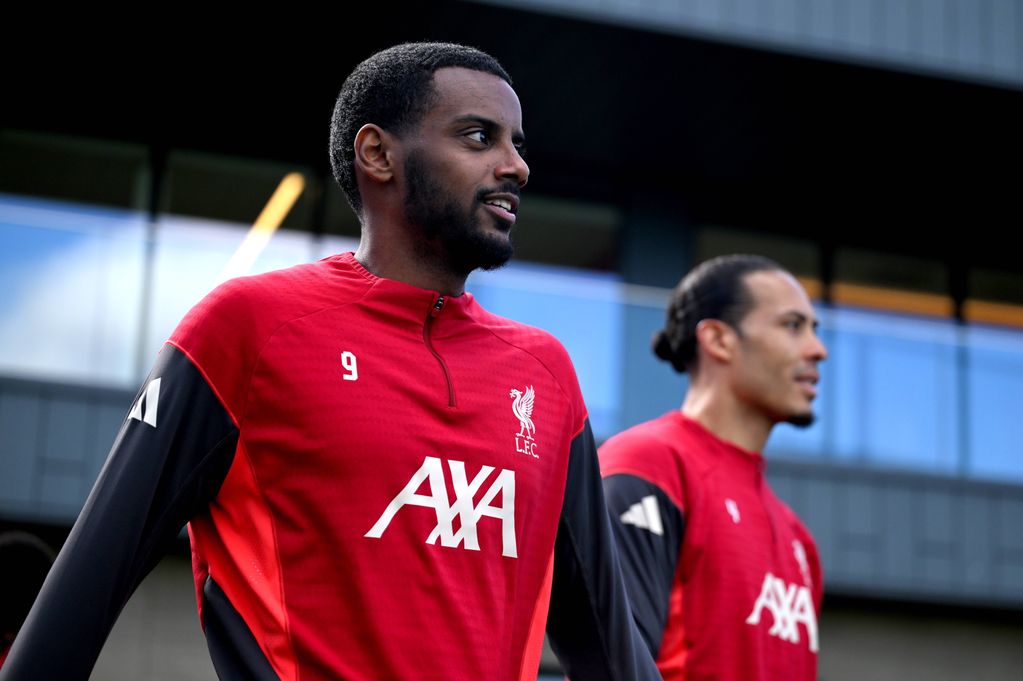 Alexander Isak and Virgil van Dijk of Liverpool during a training session at the AXA Training Centre on April 2 2026