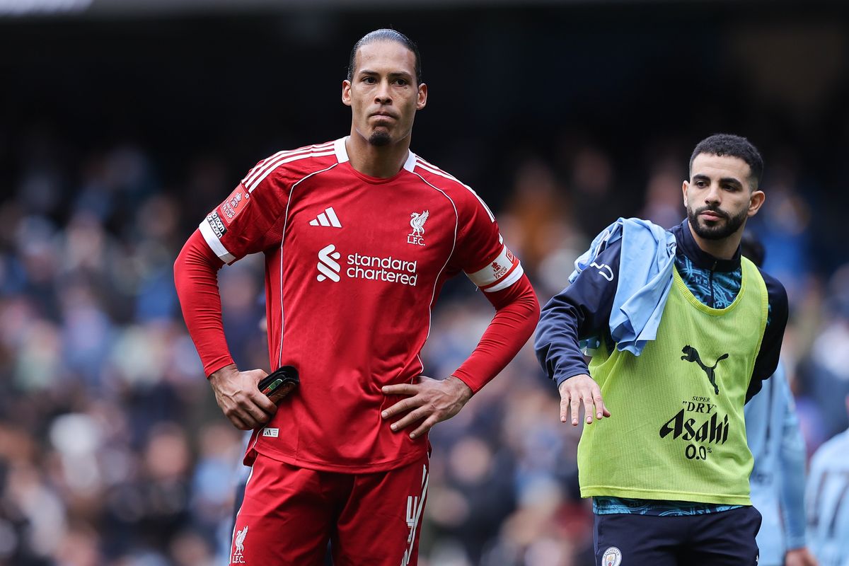 Virgil van Dijk of Liverpool looks dejected after the Emirates FA Cup Quarter Final match between Manchester City and Liverpool on April 04, 2026, in Manchester, England.