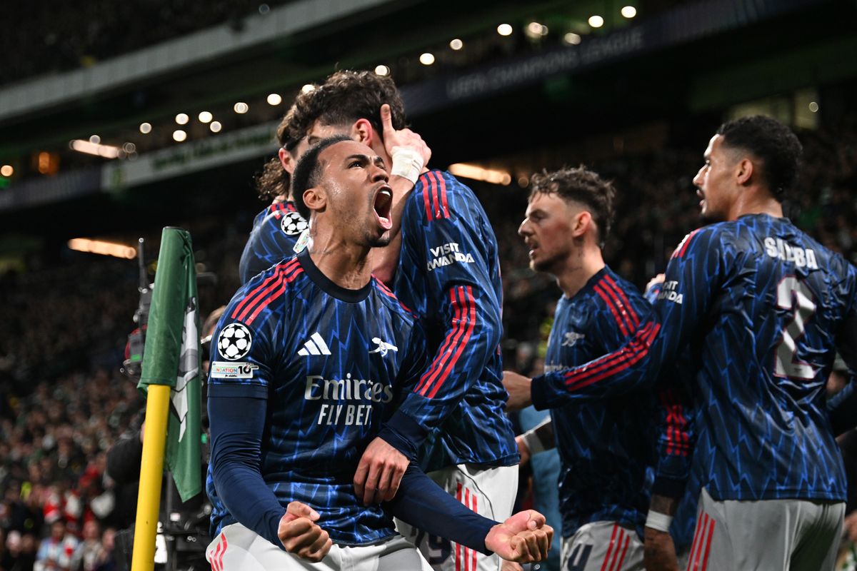 Gabriel of Arsenal celebrates his team's first goal scored by teammate Kai Havertz during the UEFA Champions League 2025/26 Quarter-Final First Leg match between Sporting Clube de Portugal and Arsenal FC at Estadio Jose Alvalade on April 07, 2026 in Lisbon, Portugal. 