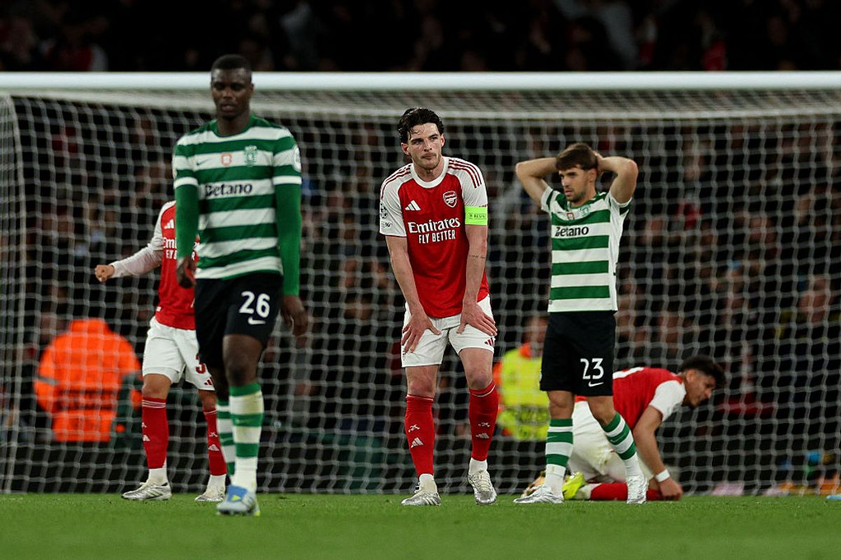 Arsenal's English midfielder #41 Declan Rice reacts after the UEFA Champions League quarter-final, second-leg football match between Arsenal and Sporting Lisbon at the Emirates Stadium in north London on April 15, 2026. (Photo by Adrian Dennis/AFP via Getty Images)