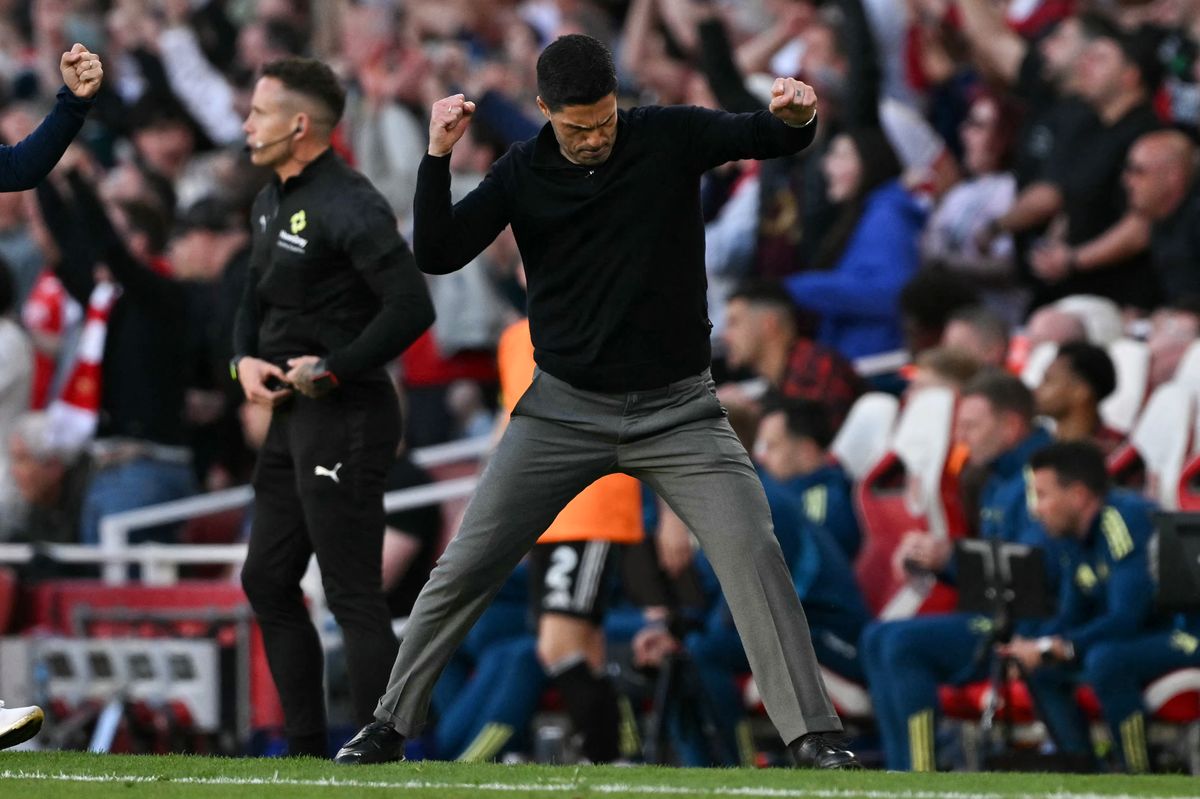 Arsenal manager Mikel Arteta celebrates at the final whistle after beating Newcastle