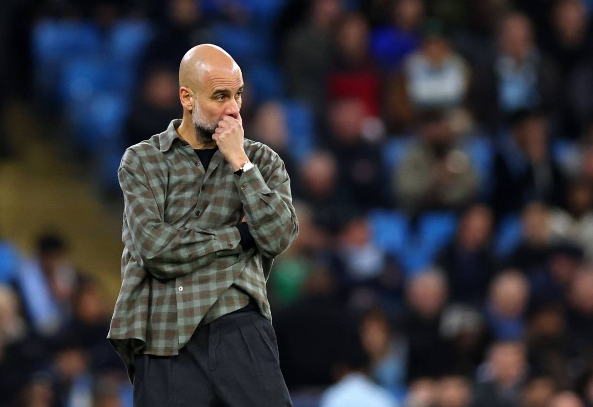 MANCHESTER, ENGLAND - MARCH 17: Pep Guardiola, head coach of Manchester City reacts during the UEFA Champions League 2025/26 Round of 16 Second Leg match between Manchester City FC and Real Madrid CF at City of Manchester Stadium on March 17, 2026 in Manchester, England. (Photo by Molly Darlington/Copa/Getty Images)