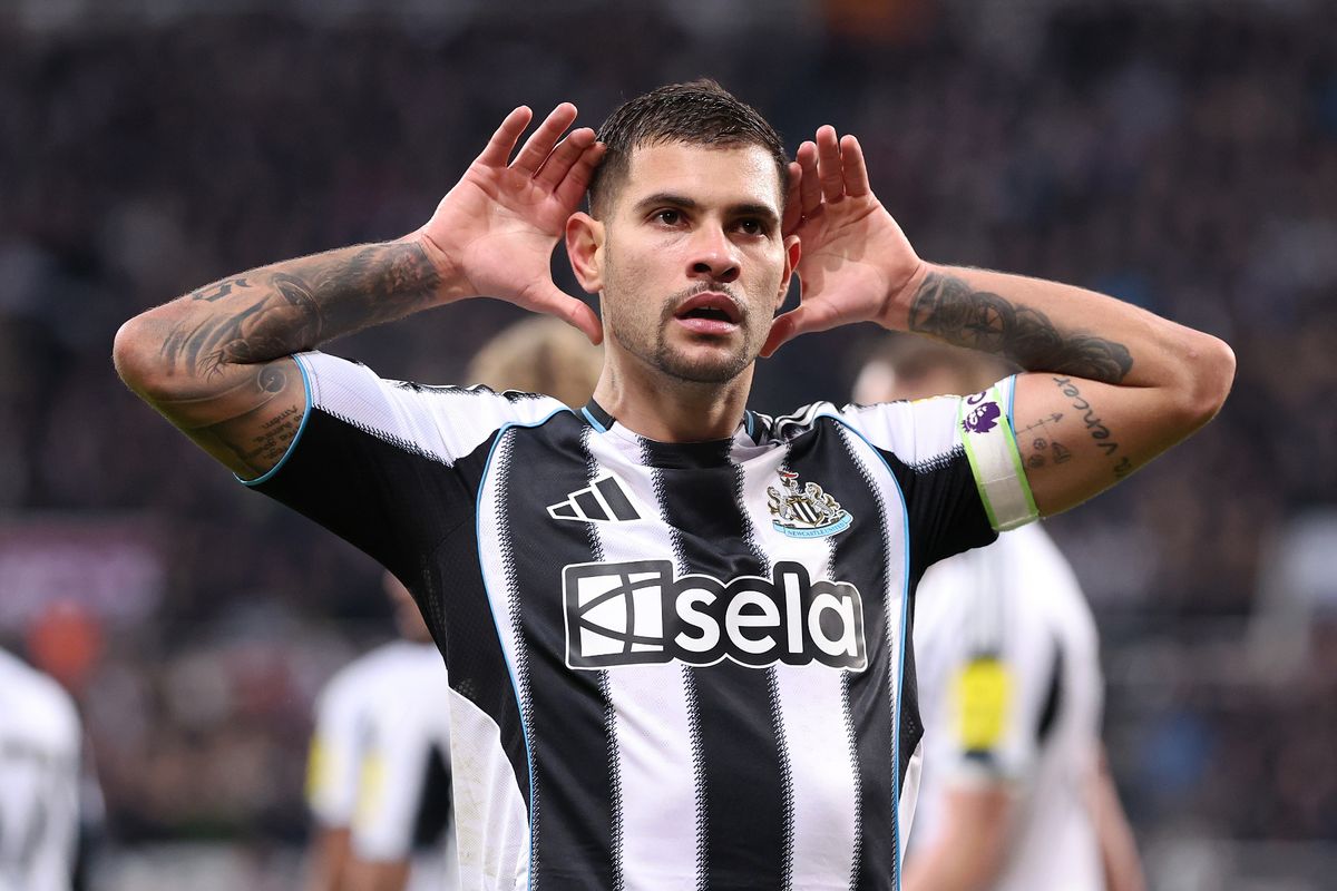 Bruno Guimaraes celebrates after scoring during the Premier League match between Newcastle United and Tottenham Hotspur at St James' Park. 