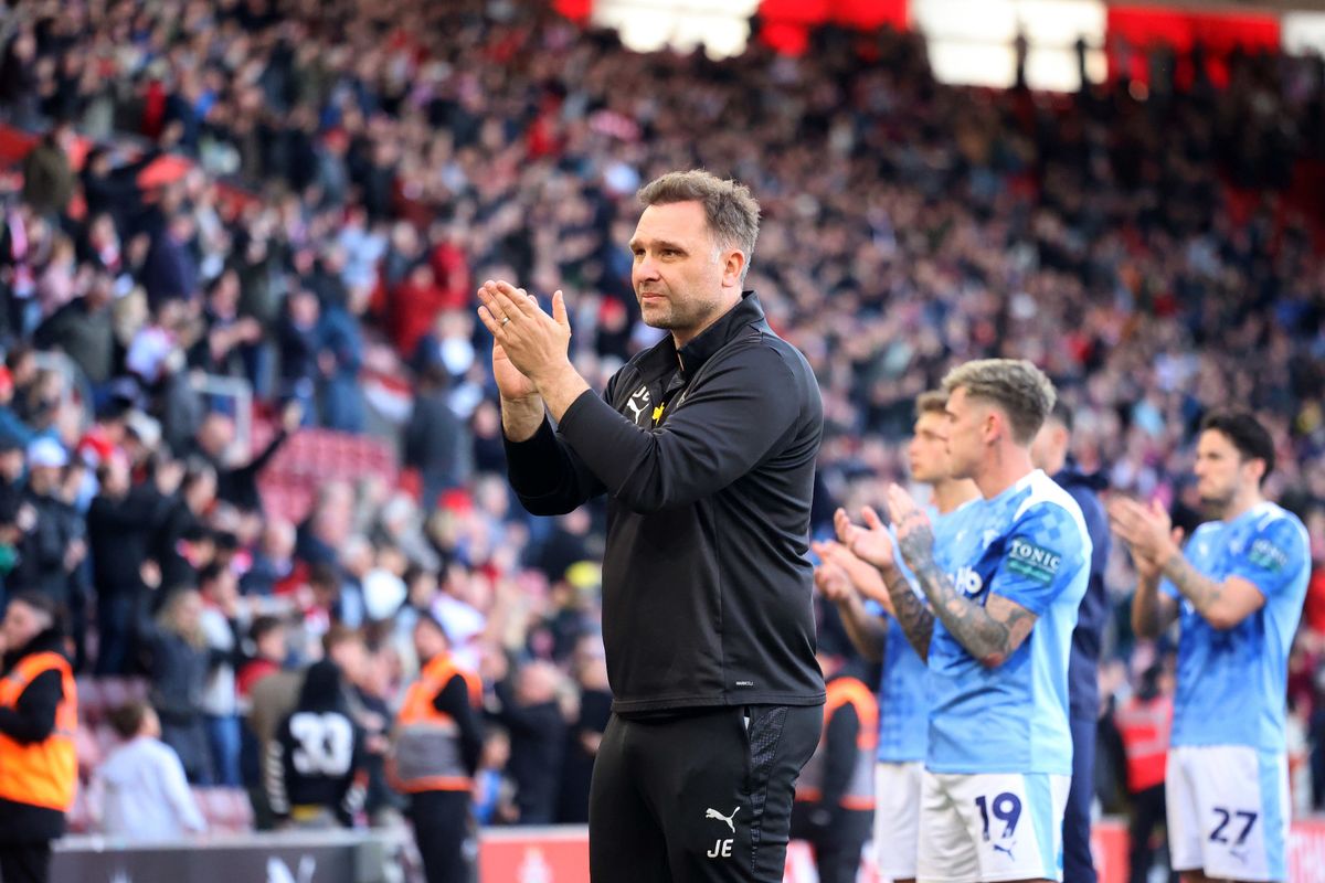 Derby County manager John Eustace thanks the fans after the final whistle of the Sky Bet Championship match at St Mary's Stadium, Southampton