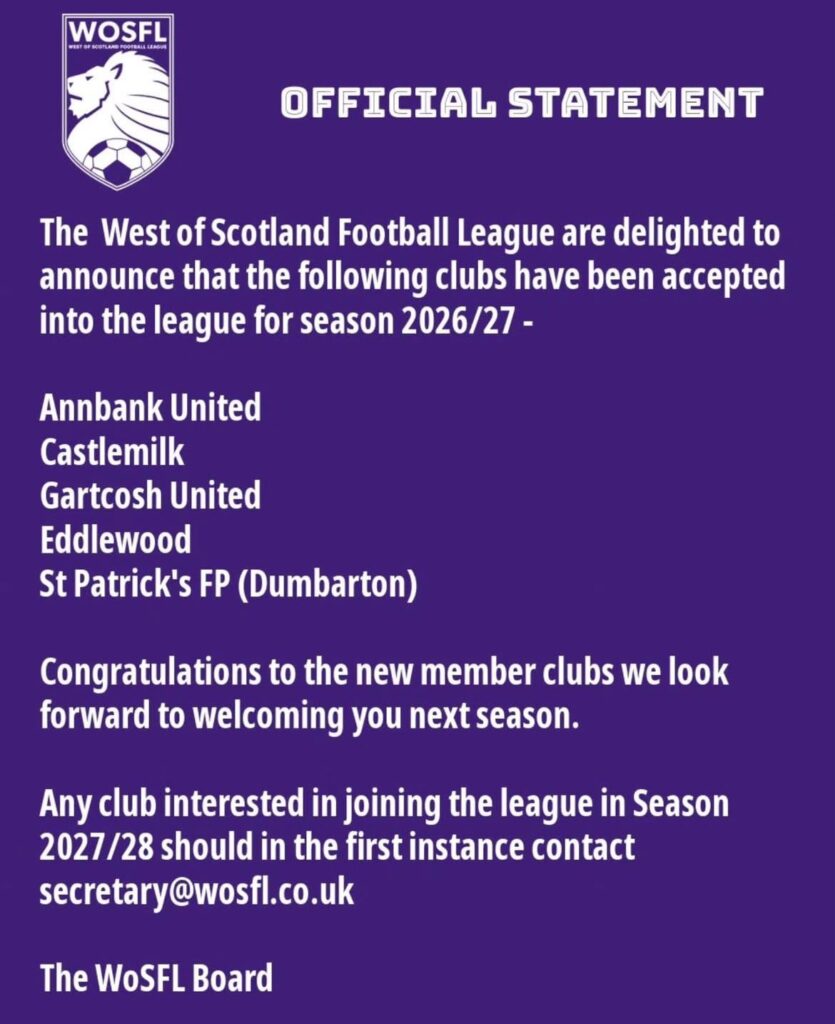 5 new teams, including Dumbarton’s St Pat’s, to join the WOSFL next season