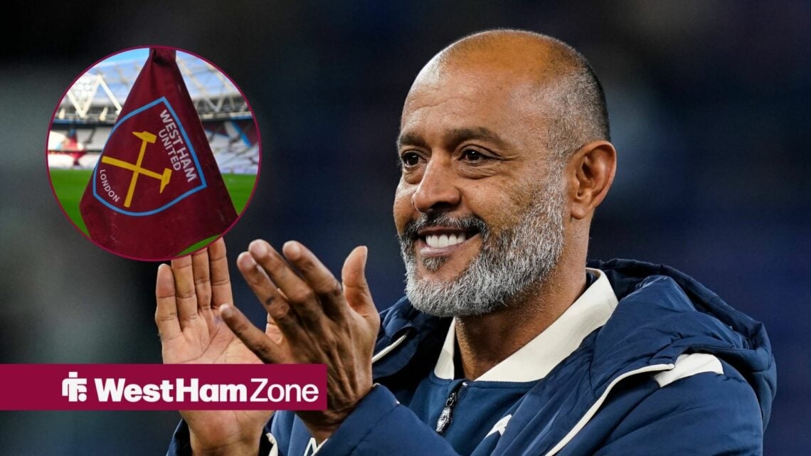 Nuno Espirito Santo applauding West Ham fans with corner flag in circular inset