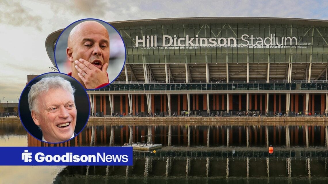 David Moyes smiling in the direction of Everton's ground, Hill Dickinson Stadium, as Liverpool manager Arne Slot lies in a circular inset above Moyes.