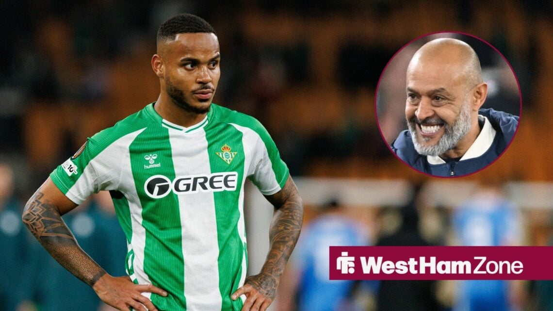 Real Betis defender Natan is pictured with his hands on his hips, alongside a circular inset of a smiling Nuno Espirito Santo (right)