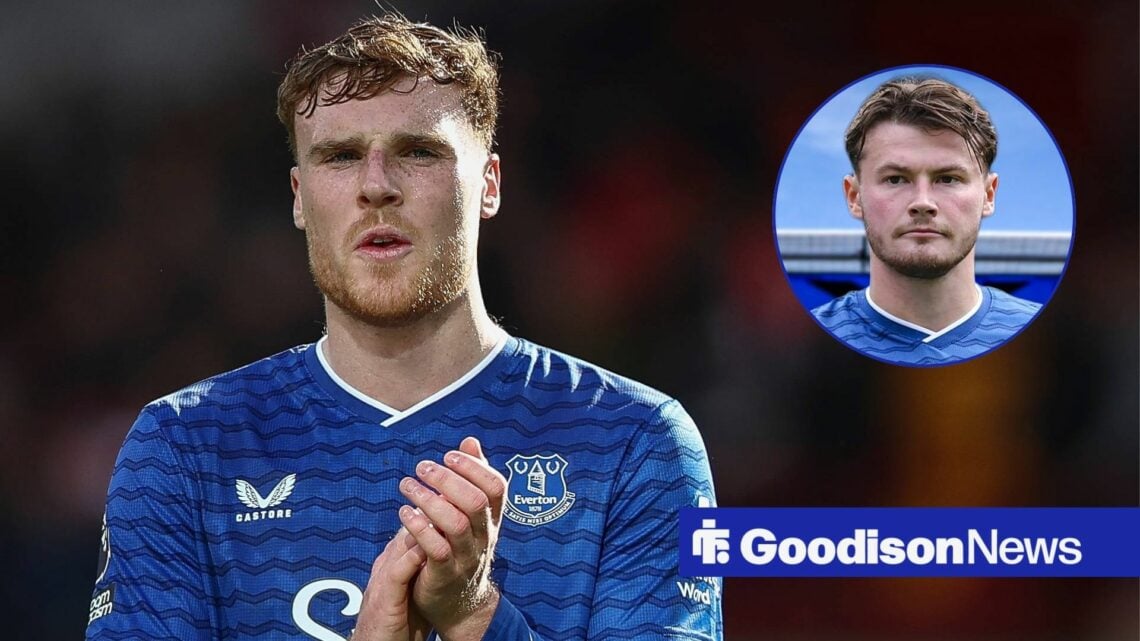 Jake O Brien of Everton after the Brentford v Everton Premier League match at the Gtech Community Stadium looking towards Everton defender Nathan P...