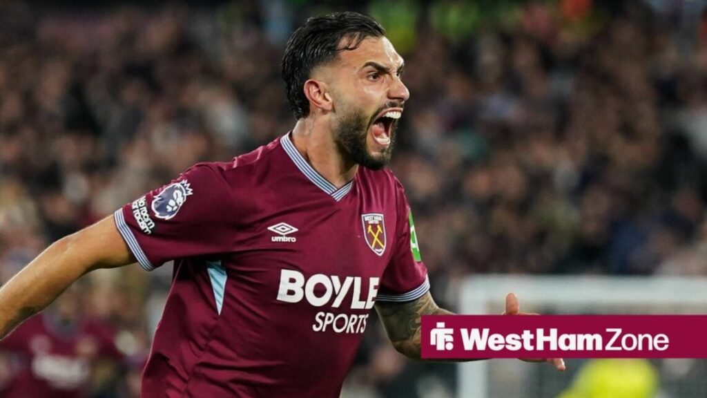 Taty Castellanos of West Ham United celebrating his goal to make it 3-0 during the West Ham United v Wolverhampton Wanderers Premier League match a...