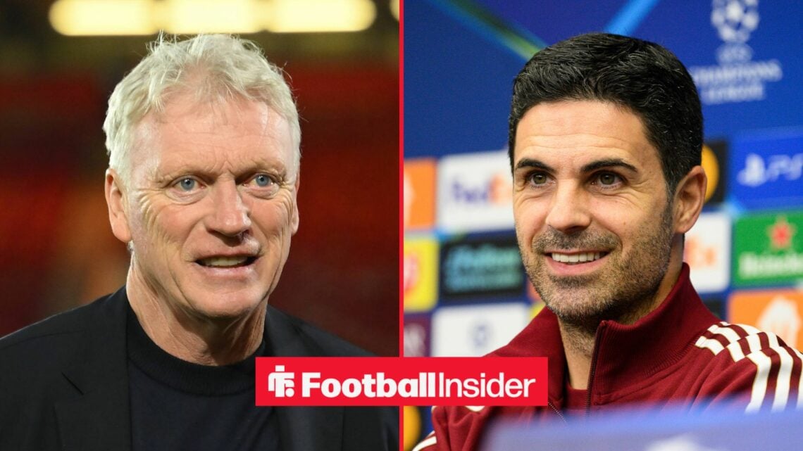 Arsenal manager Mikel Arteta smiles with Everton manager David Moyes smiling