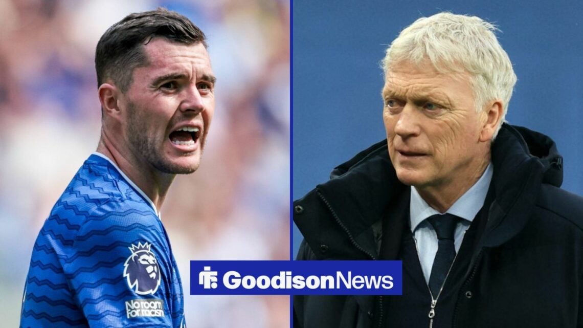 Everton defender Michael Keane shouting during a 2025-26 Premier League match in side by side image with Everton manager David Moyes wearing a suit...
