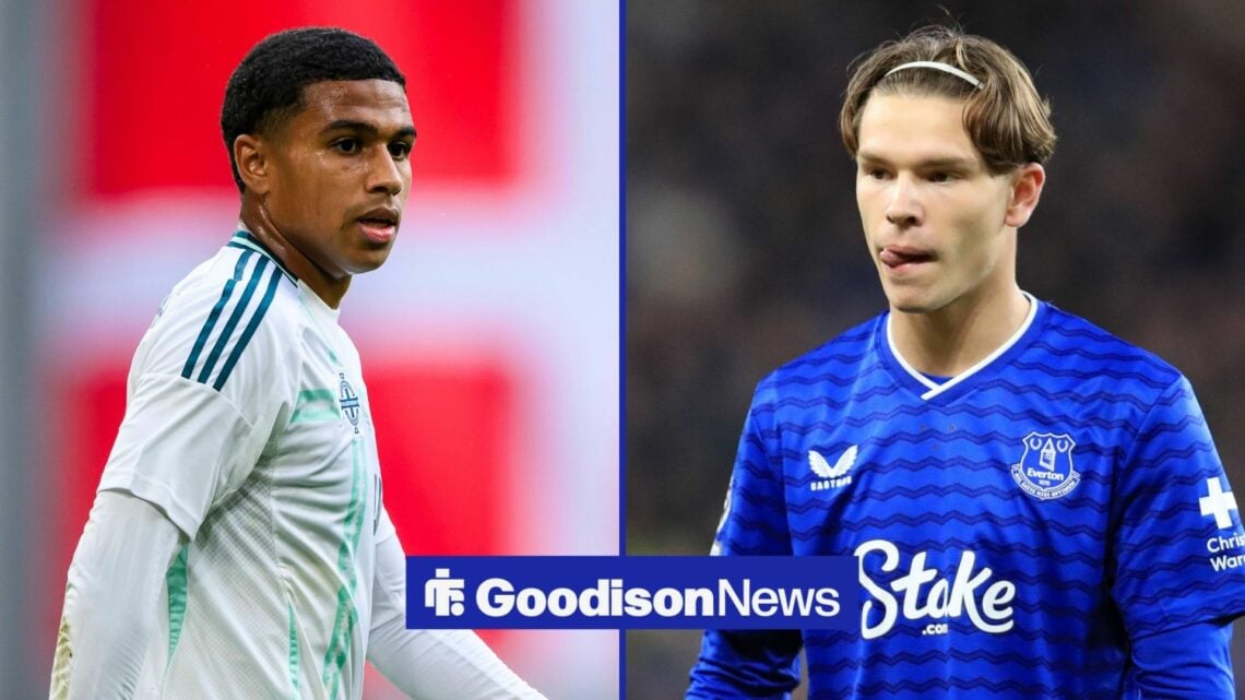 Shea Charles looking on from the left with Tyler Dibling in action for Everton on the right