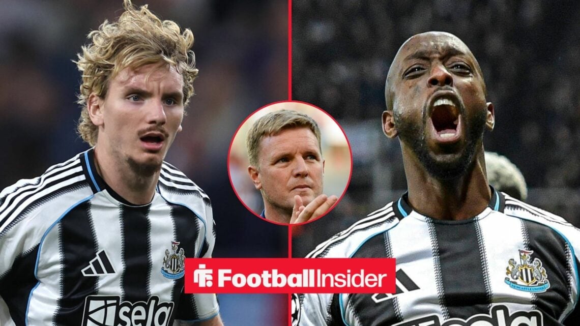 Newcastle strikers Nick Woltemade and Yoane Wissa with Eddie Howe claps inset