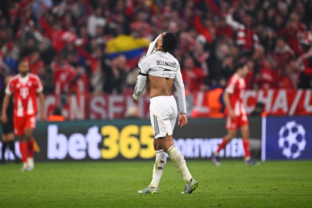 Real Madrid’s Jude Bellingham reacts during the Champions League quarter-final second leg defeat at Bayern Munich