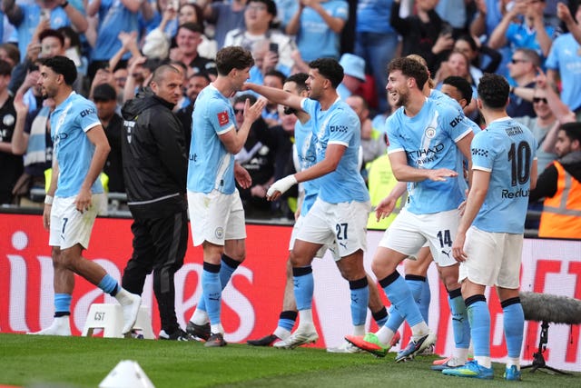 Manchester City’s Nico Gonzalez (second right) celebrates scoring the winner in the FA Cup semi-final against Southampton