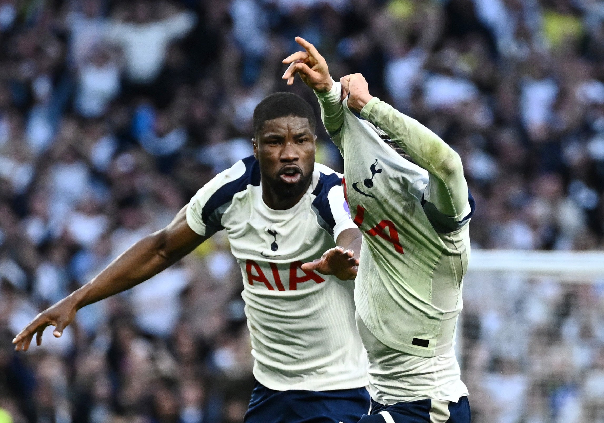 Tottenham Hotspur’s Xavi Simons celebrates scoring their second goal with Kevin Danso during the Brighton match