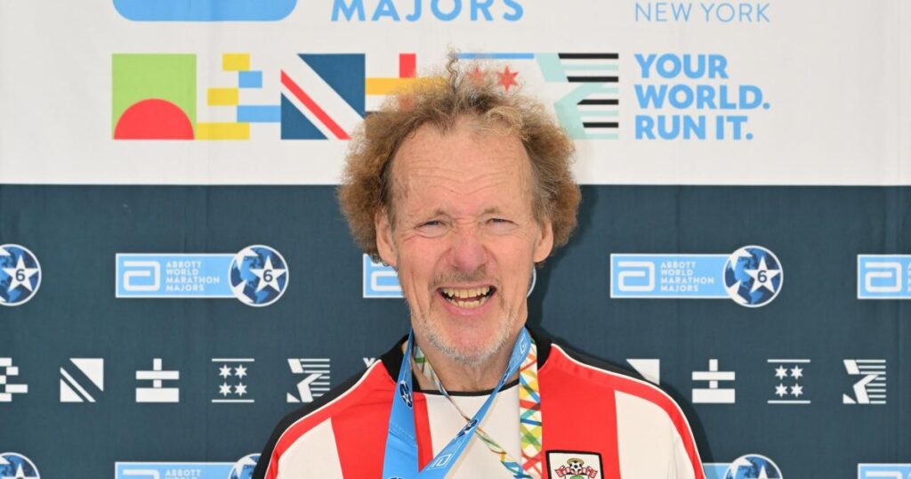 Weymouth runners 300 marathons in Southampton FC shirt