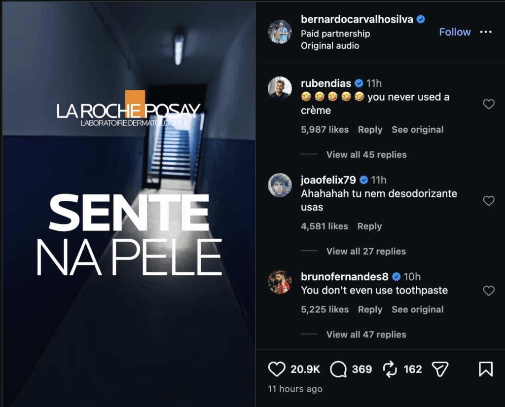 Bruno Fernandes comment under Bernardo Silva's Skincare Ad Instagram Post