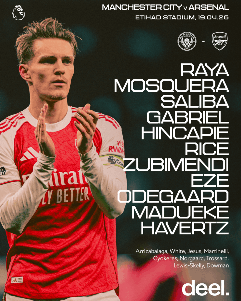 Our Starting XI to face Manchester City in the Premier League: Raya; Mosquera, Saliba, Gabriel, Hincapie; Rice, Zubimendi, Eze, Odegaard, Madueke, Havertz.