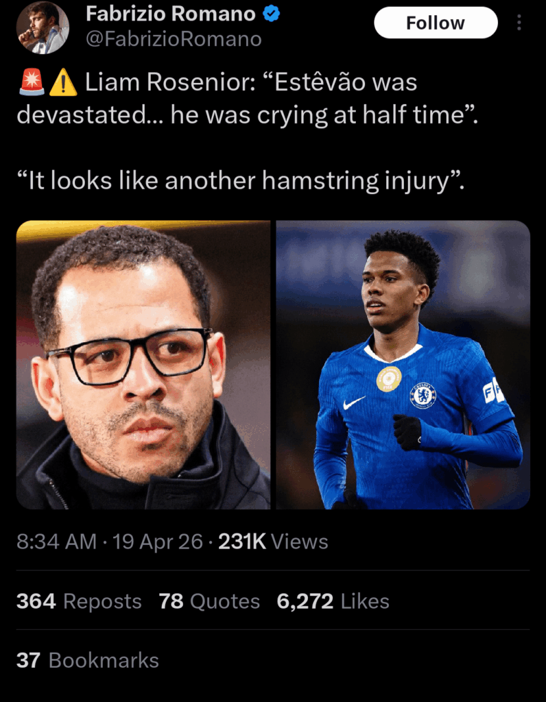 [Fabrizio] Liam Rosenior: “Estêvão was devastated… he was crying at half time. It looks like another hamstring injury”.