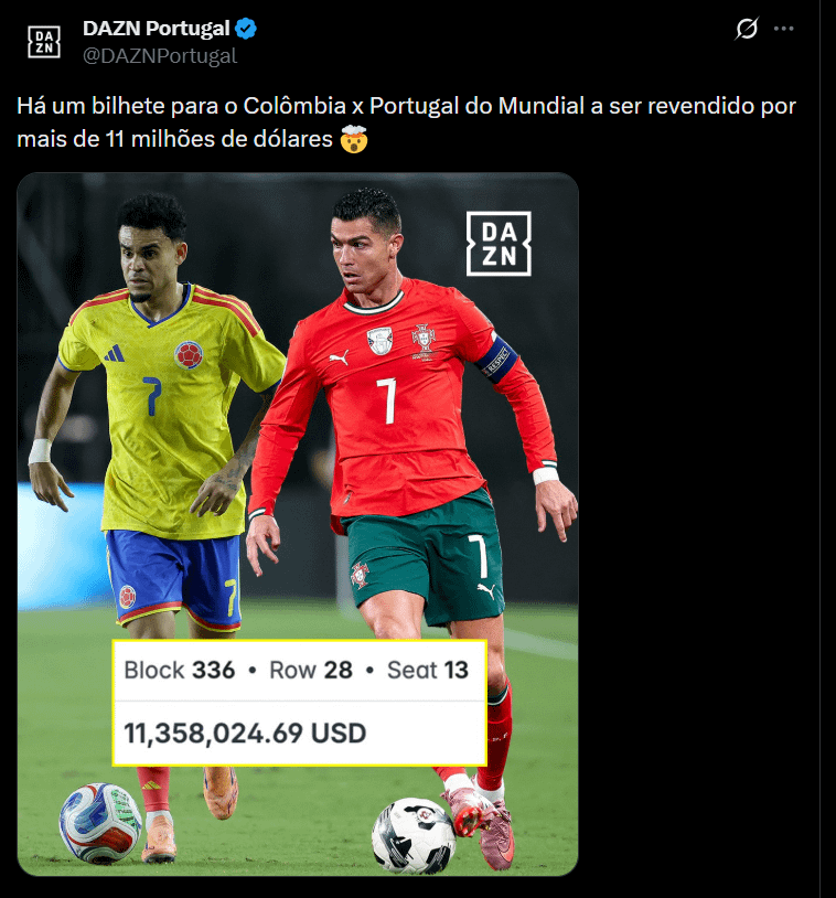 Há um bilhete para o Colômbia x Portugal do Mundial a ser revendido por mais de 11 milhões de dólares