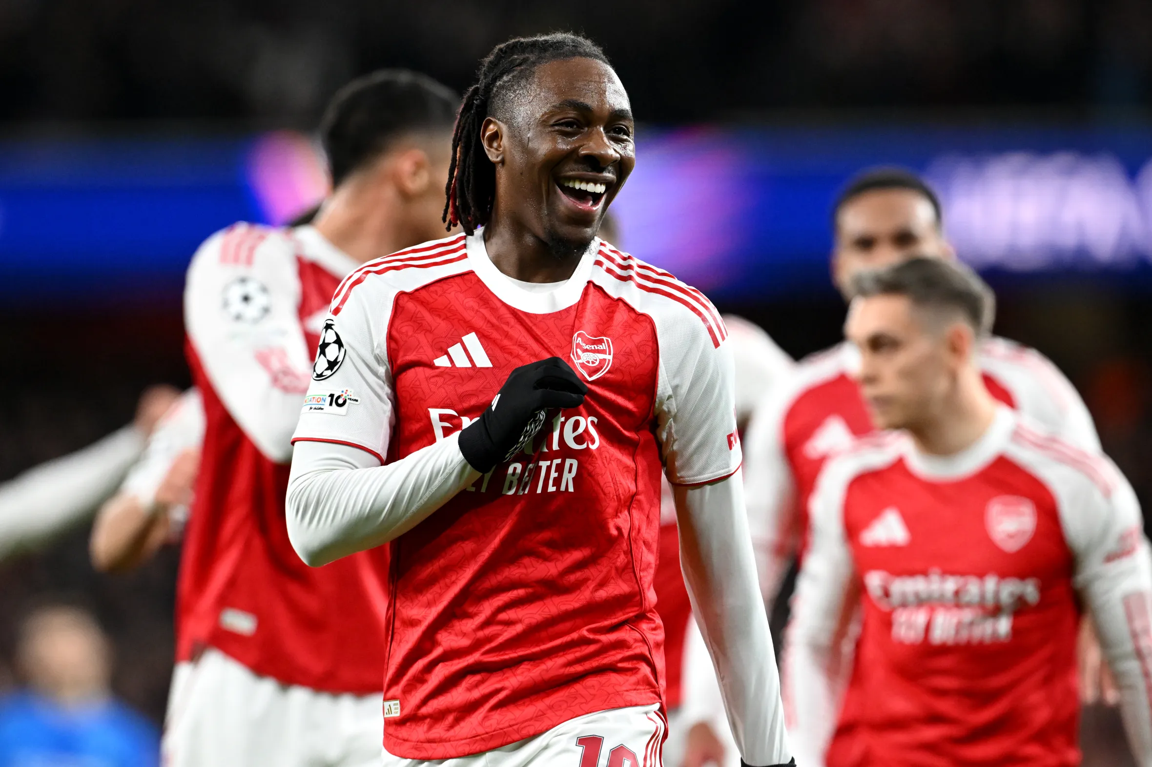 Eberechi Eze of Arsenal celebrates scoring a goal against Bayer 04 Leverkusen during the UEFA Champions League Round of 16.