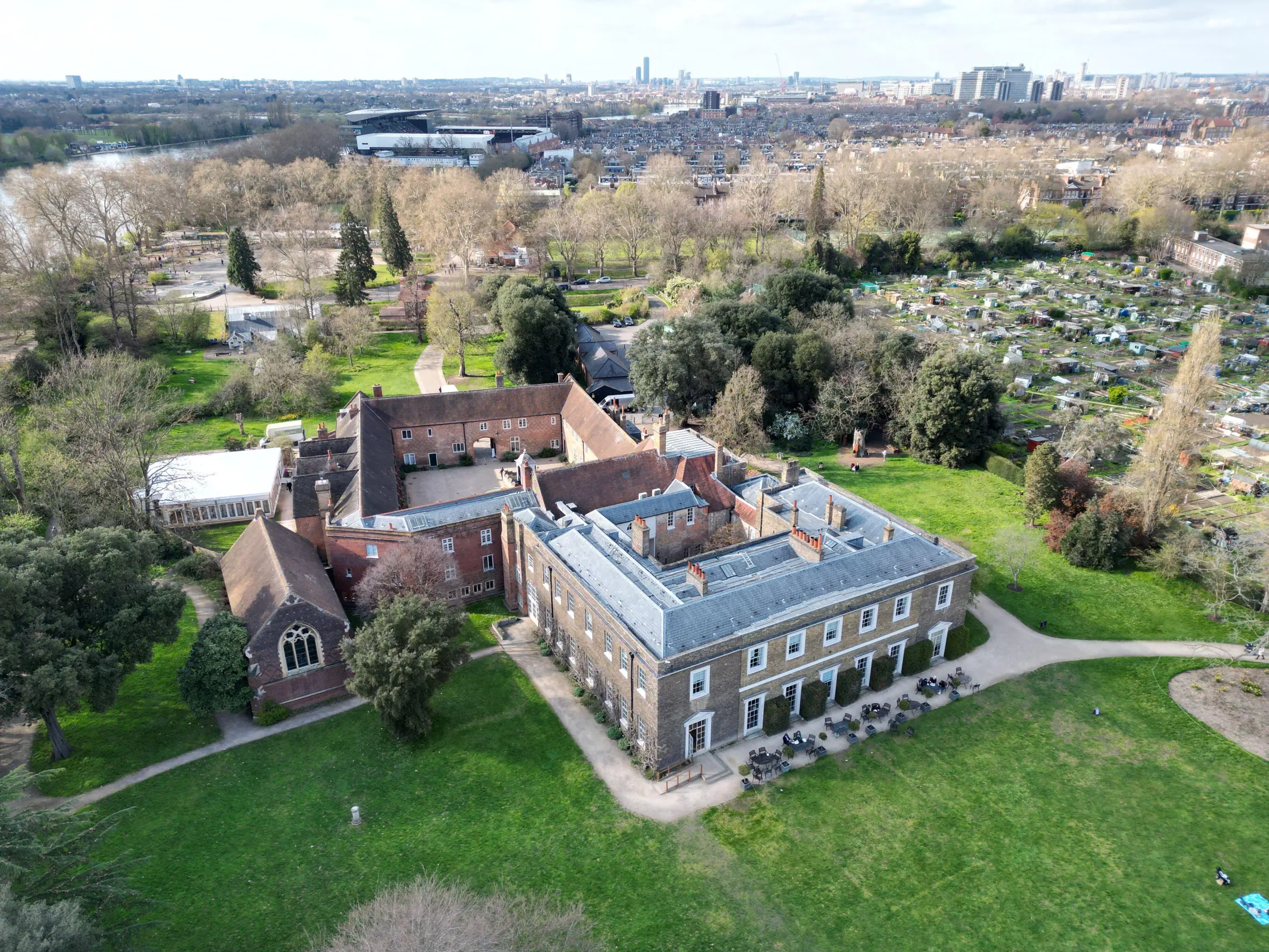 Aerial view of Fulham Palace and gardens in London.
