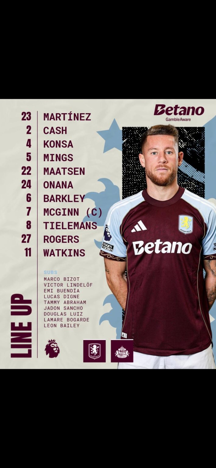 Starting XI vs Sunderland. Torres not in the squad, Mings, Maatsen and Barkley start.