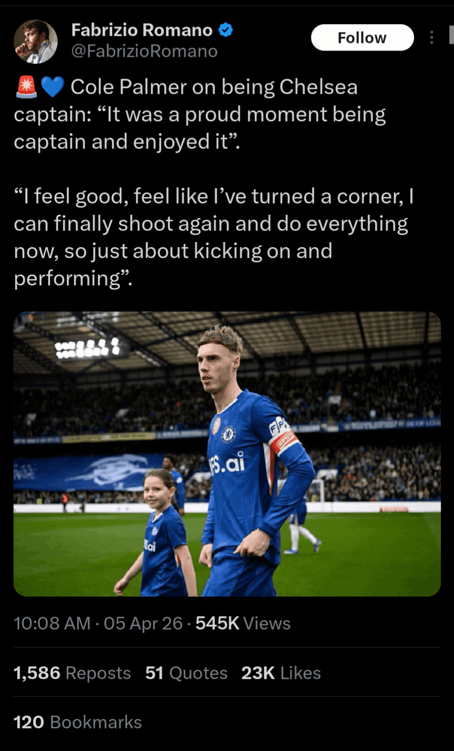 [Fabrizio] Cole Palmer on being Chelsea captain: “It was a proud moment being captain and enjoyed it”. “I feel good, feel like I’ve turned a corner, I can finally shoot again and do everything now, so just about kicking on and performing”.