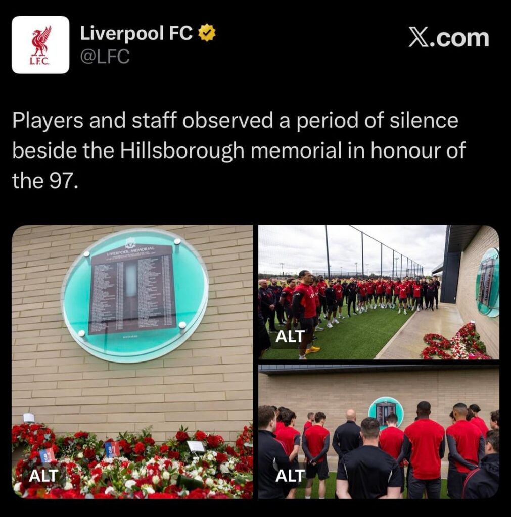 [LFC] Players and staff observed a period of silence beside the Hillsborough memorial in honour of the 97.