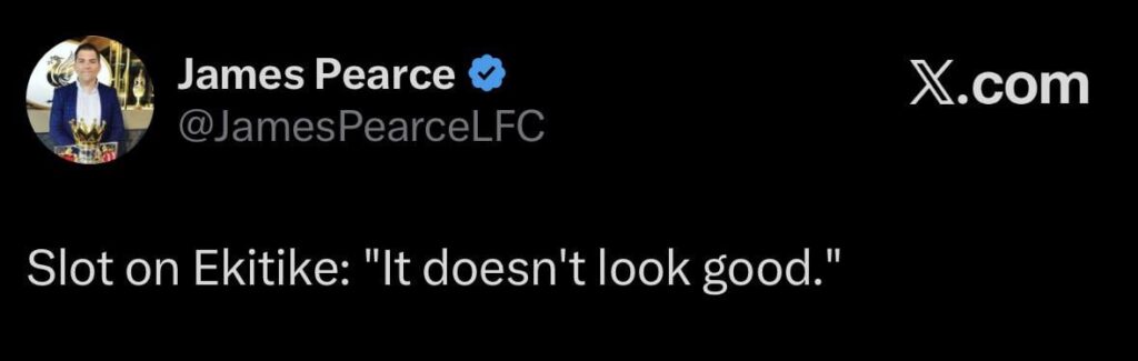 [Pearce] Slot on Ekitike: "It doesn't look good."