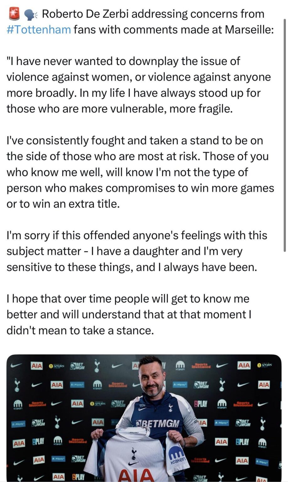 Roberto De Zerbi addressing concerns from Tottenham fans with comments made at Marseille: