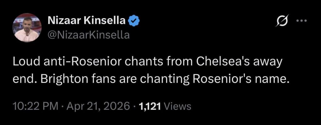 Nizaar Kinsella: Loud anti-Rosenior chants from Chelsea's away end. Brighton fans are chanting Rosenior's name.