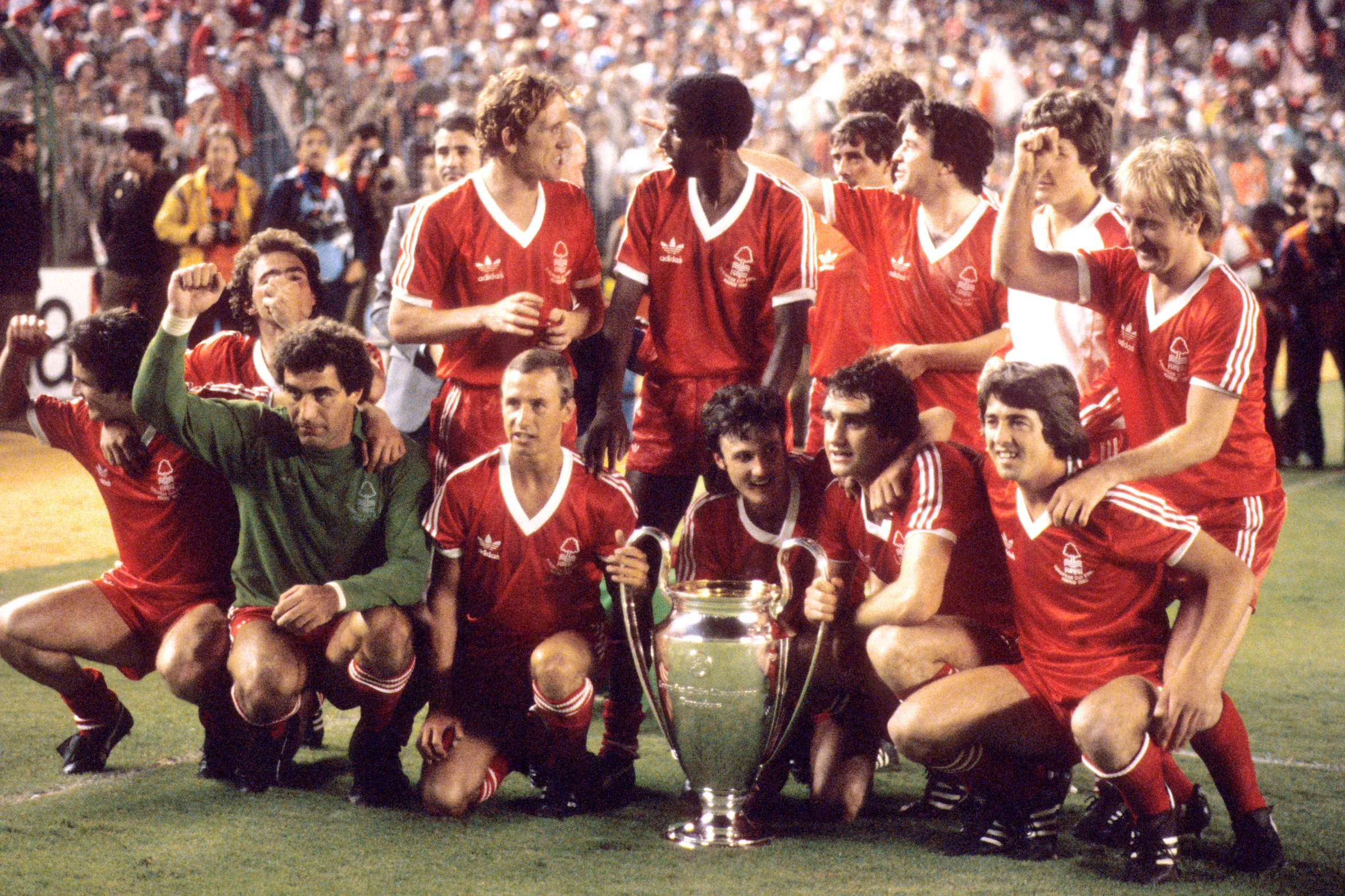 Nottingham Forest football team celebrates with the European Cup.