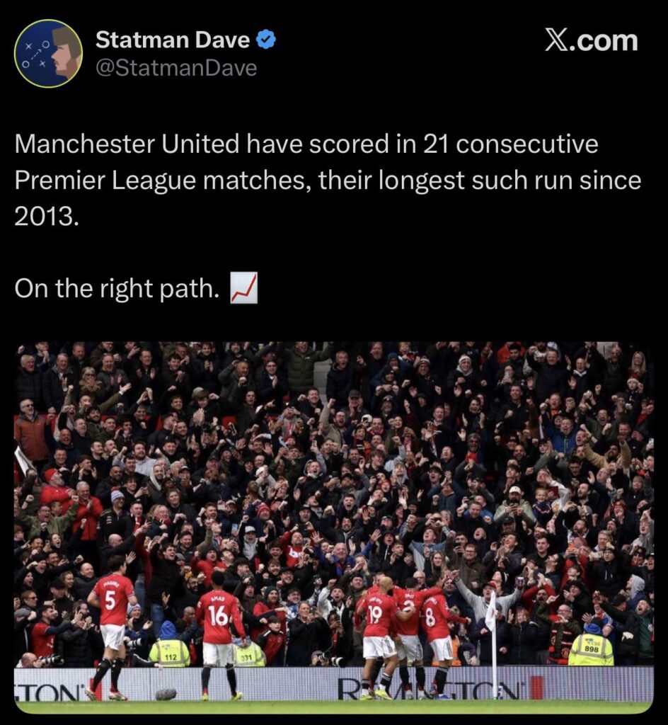 [Statman Dave] Manchester United have scored in 21 consecutive Premier League matches, their longest such run since 2013.