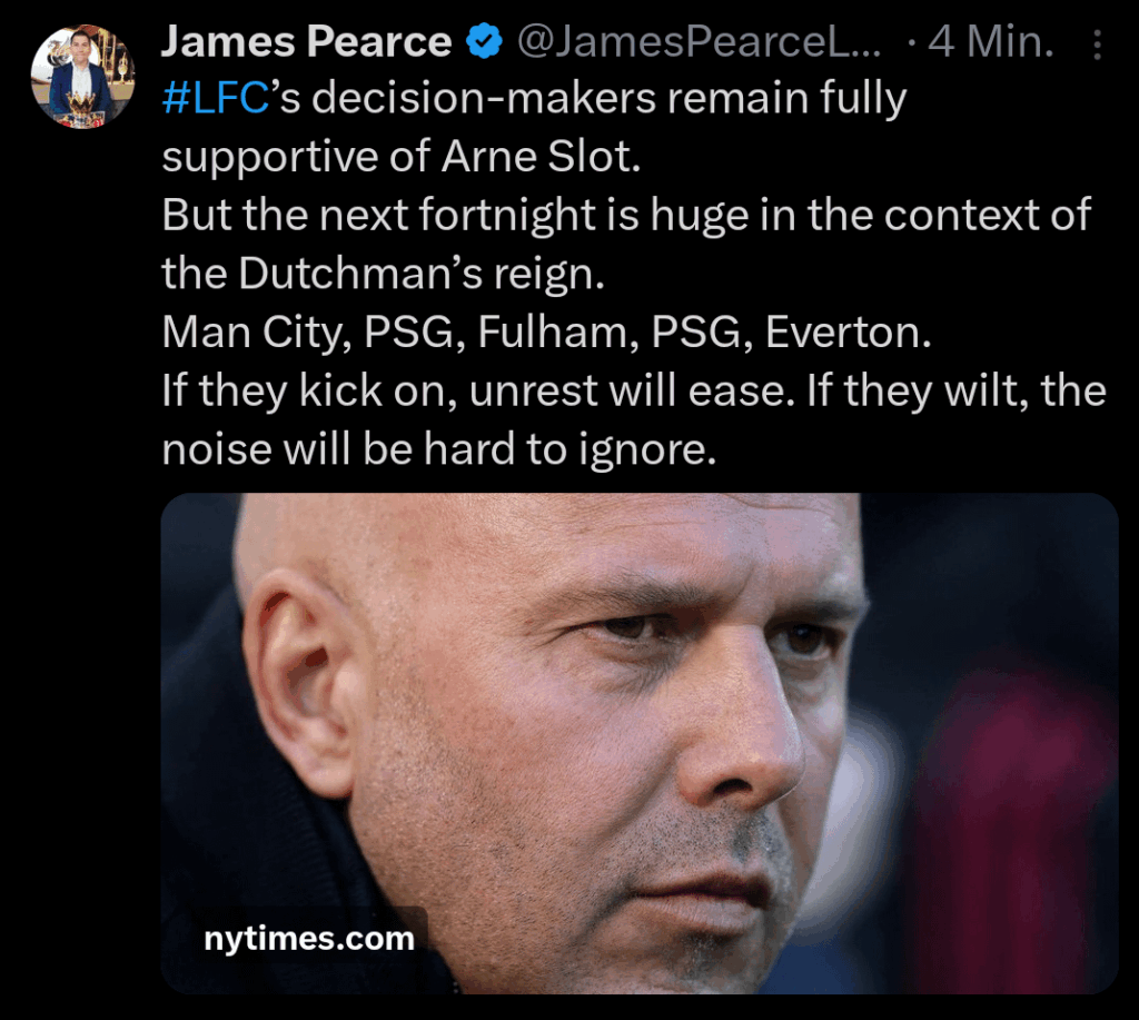 LFC's decision-makers remain fully supportive of Arne Slot. But the next fortnight is huge in the context of the Dutchman's reign. Man City, PSG, Fulham, PSG, Everton. If they kick on, unrest will ease. If they wilt, the noise will be hard to ignore