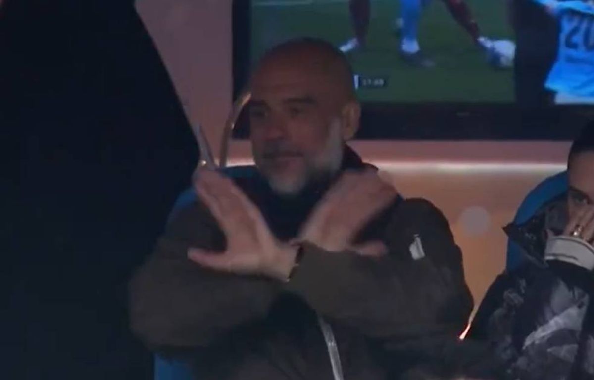 Pep Guardiola reacts in the stands