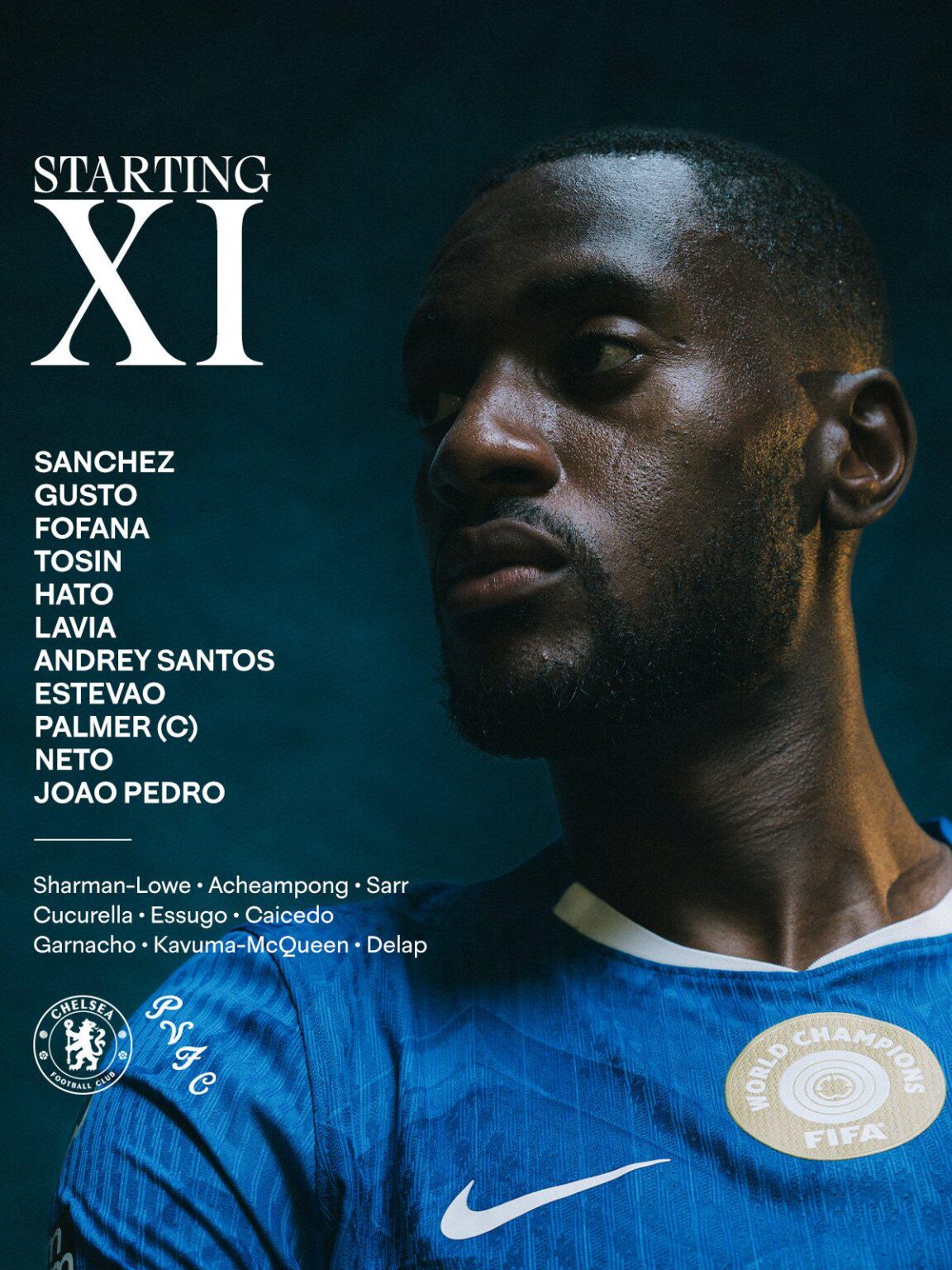 Chelsea XI vs Port Vale:Sanchez, Gusto, Fofana, Tosin, Hato, Lavia, Andrey Santos, Estevao, Palmer, Neto, Joao Pedro