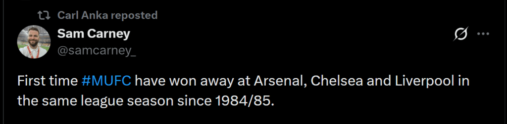 First time #MUFC have won away at Arsenal, Chelsea and Liverpool in the same league season since 1984/85.