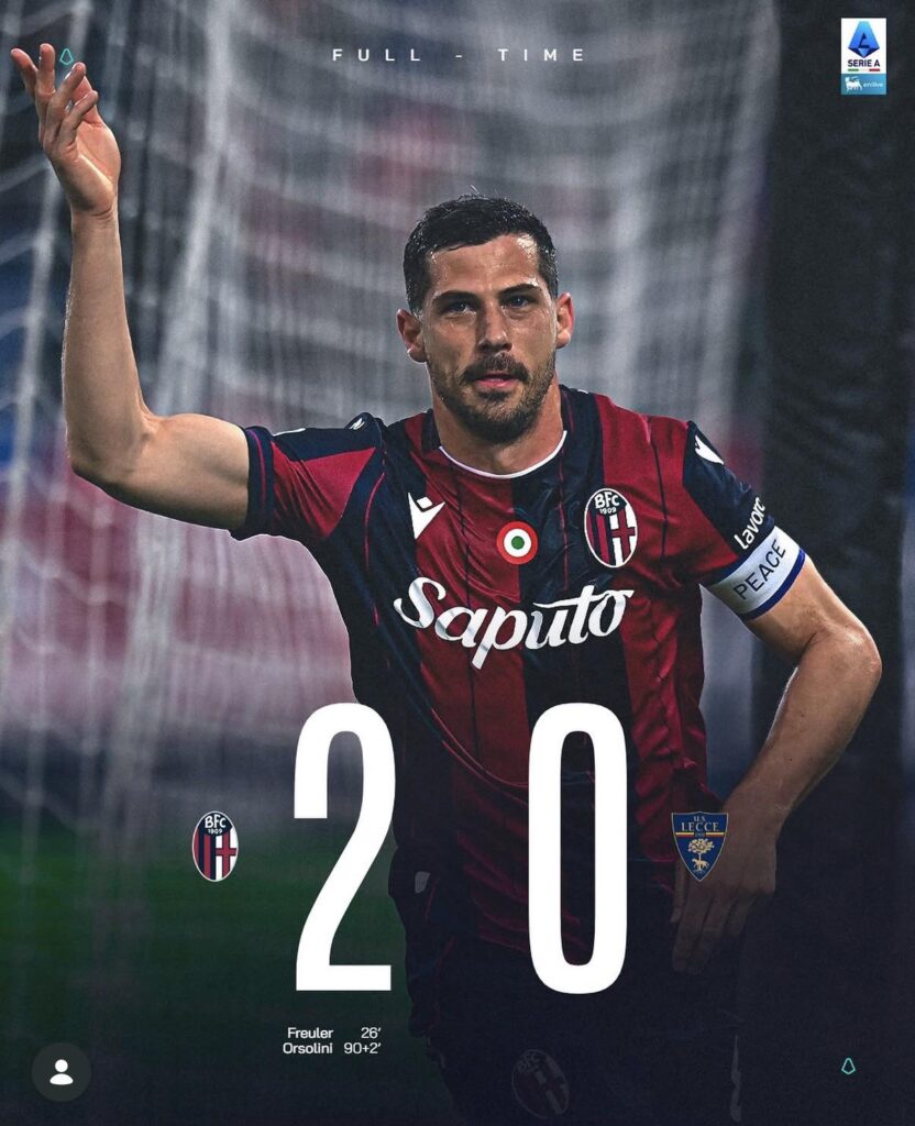 Bologna 2:0 Lecce. Lecce tied at point with Cremonese (both at 17th and 18th) in a tight relegation battle.