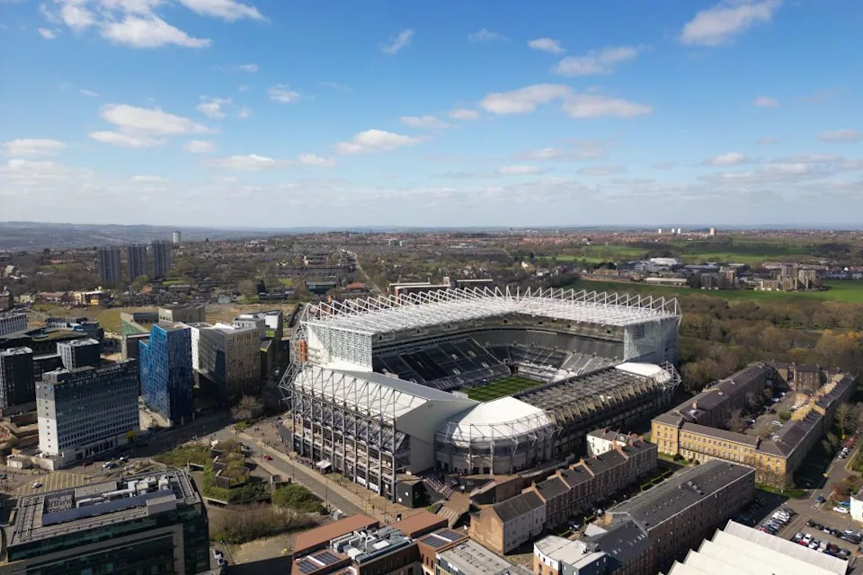 An Aerial view of St. James Park is seen prior to the Premier League match between Newcastle United and Manchester United on April 02, 2023 in Newcastle upon Tyne, England. 