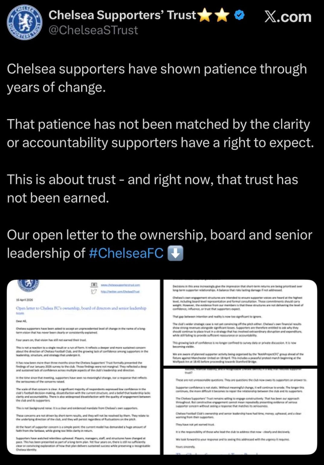 Chelsea Supporters Trust: Open Letter to The Ownership, Board and Senior Leadership of Chelsea FC