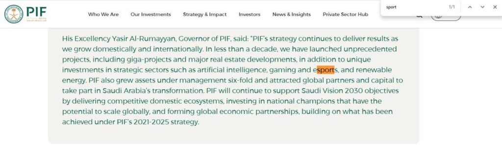 PIF revealed its 2026-2030 strategy today. The only explicit mention of sports is “esports,” and its in reference to investments over the last decade. Notable: “sports & leisure” was included as a sector of focus in its 2021-2025 strategy.